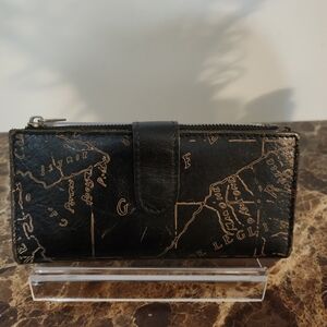 Patricia Nash Blk Leather Wallet W Map Design EUC